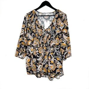 Daniel Rain Blouse DR2 Paisley Floral Top V Neck  3/4 Sleeve Multicolor Size 1X